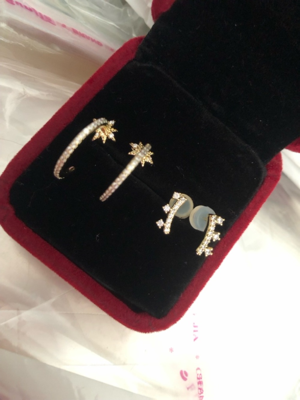 2 Pairs of 14 kt Gold Plated Rhinestone Hoop Huggie & Stud Earrings